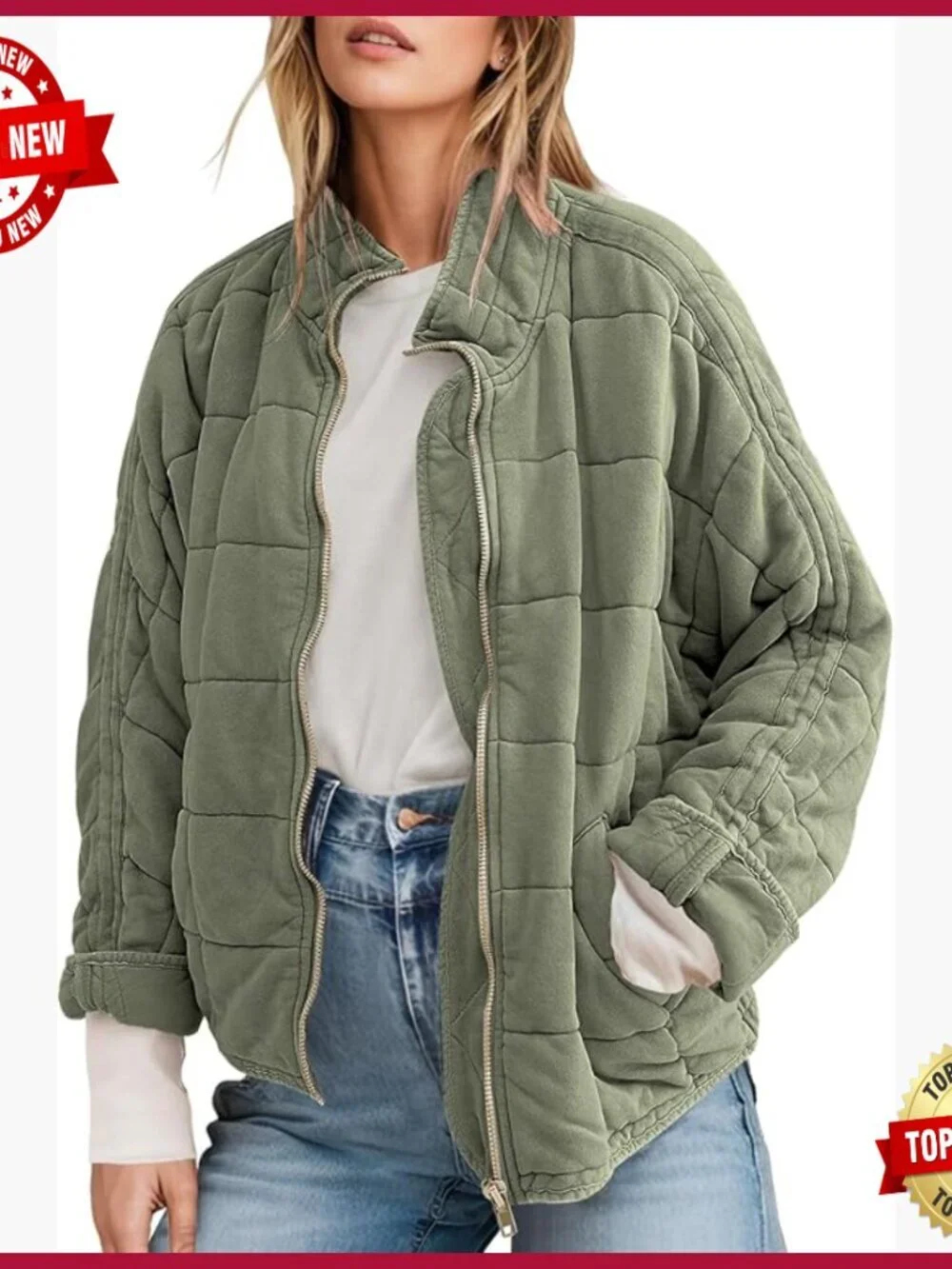 Quilted Winter Jacket Long Sleeve Full Zip Waterproof Windproof Outerwear